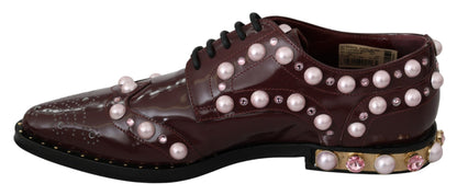 Dolce &amp; Gabbana Elegante Bordeaux-Schnürschuhe mit Perlen und Kristallen