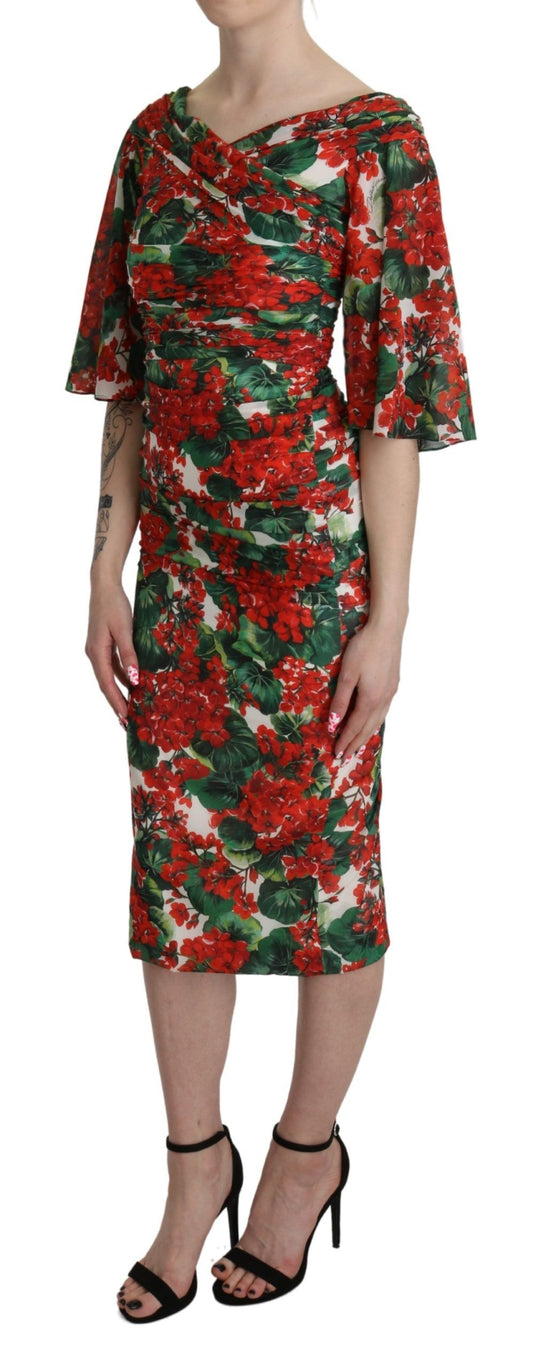 Robe fourreau mi-longue en soie extensible rouge à fleurs