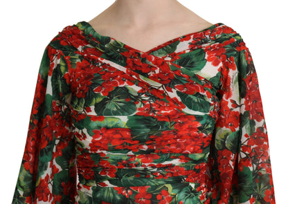 Robe fourreau mi-longue en soie extensible rouge à fleurs