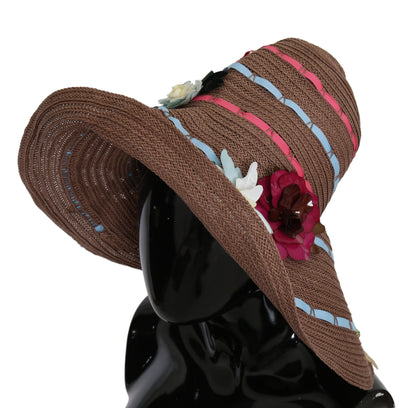 Chapeau de casquette souple en paille à large bord floral marron