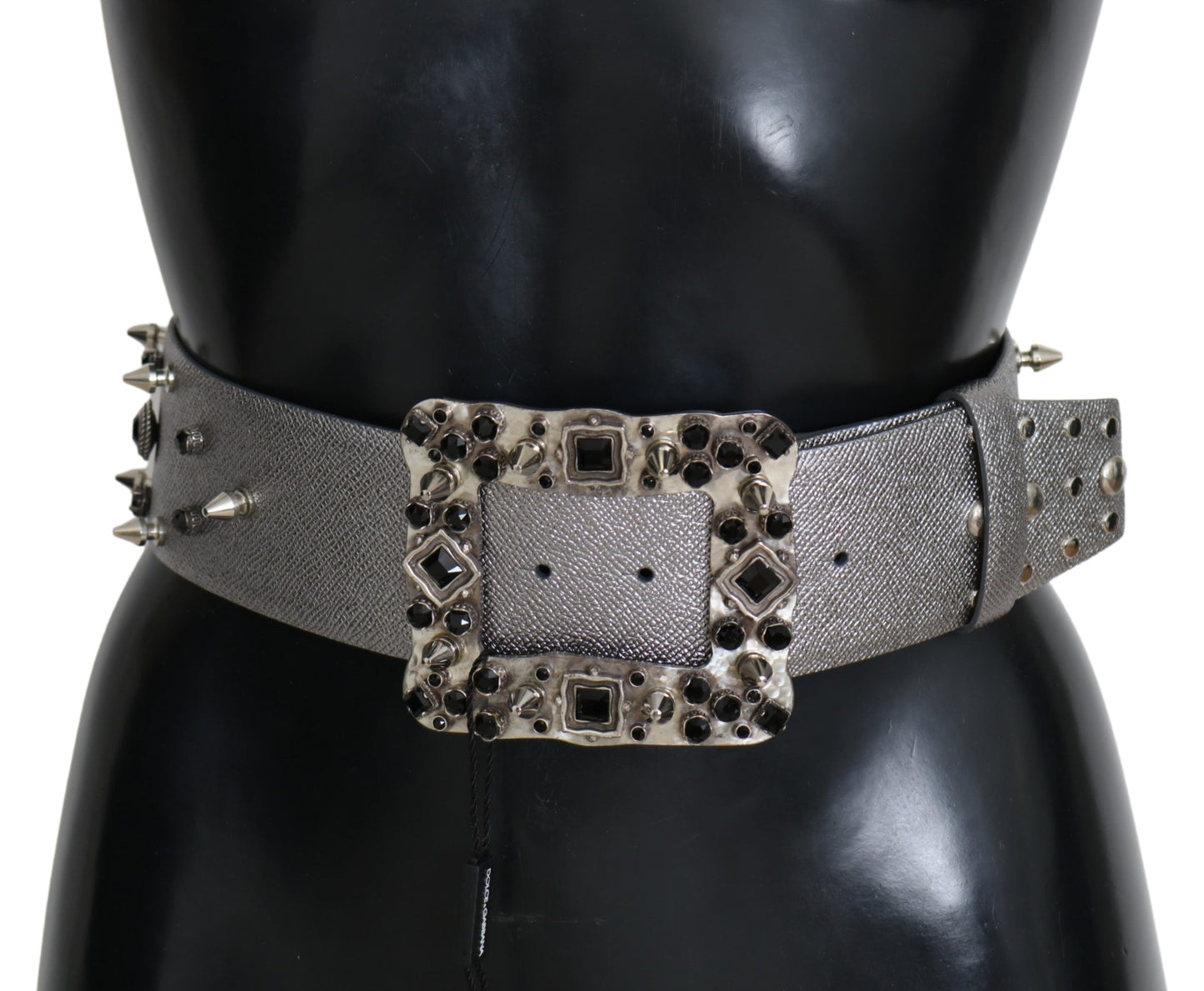 Ceinture en cuir argenté à boucle avec logo et clous en cristal