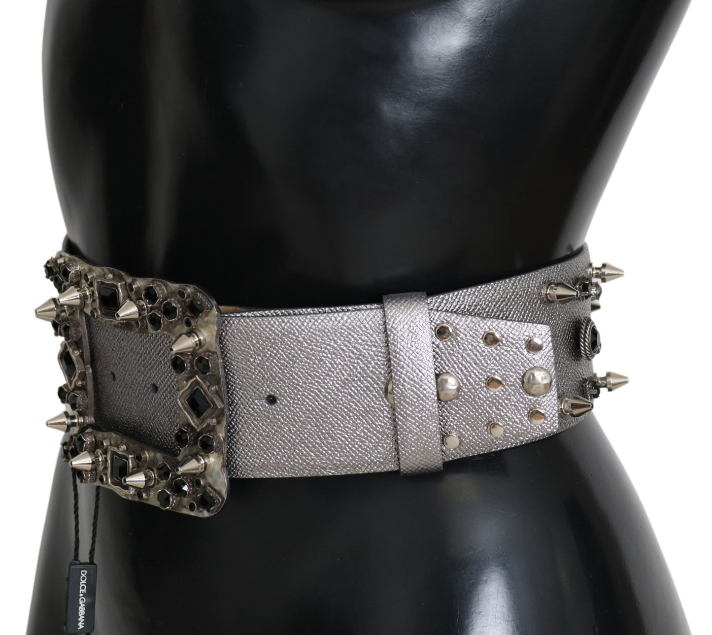 Ceinture en cuir argenté à boucle avec logo et clous en cristal