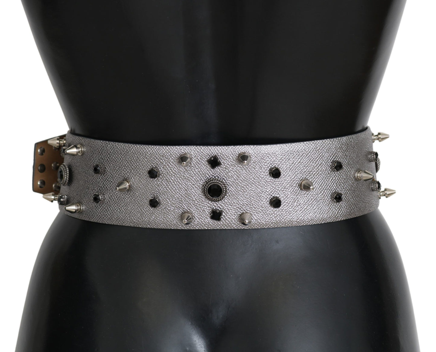 Ceinture en cuir argenté à boucle avec logo et clous en cristal