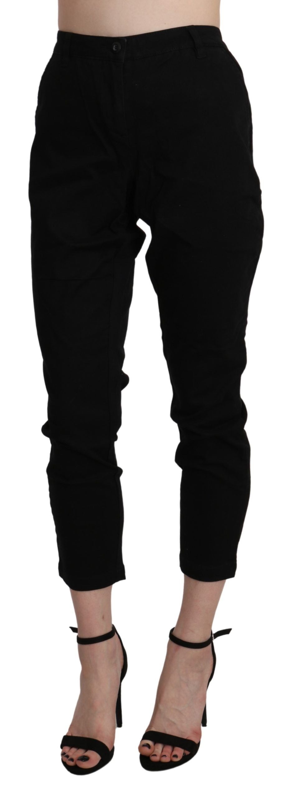 Pantalone capri in cotone corto skinny a vita alta nero