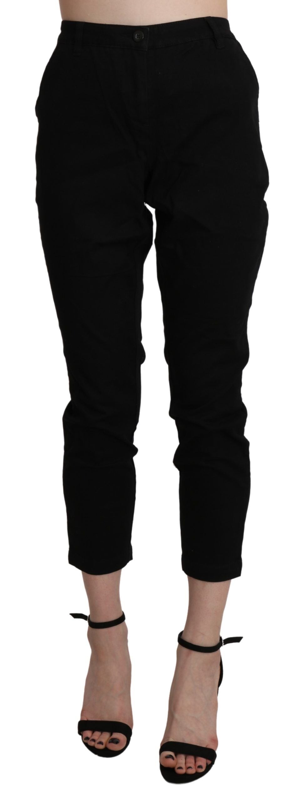 Pantalone capri in cotone corto skinny a vita alta nero