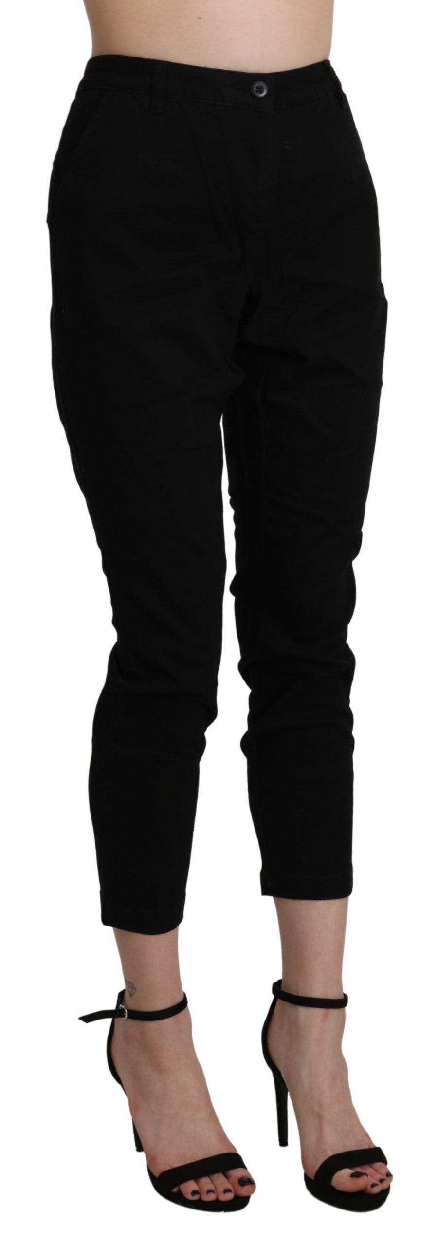 Pantalone capri in cotone corto skinny a vita alta nero