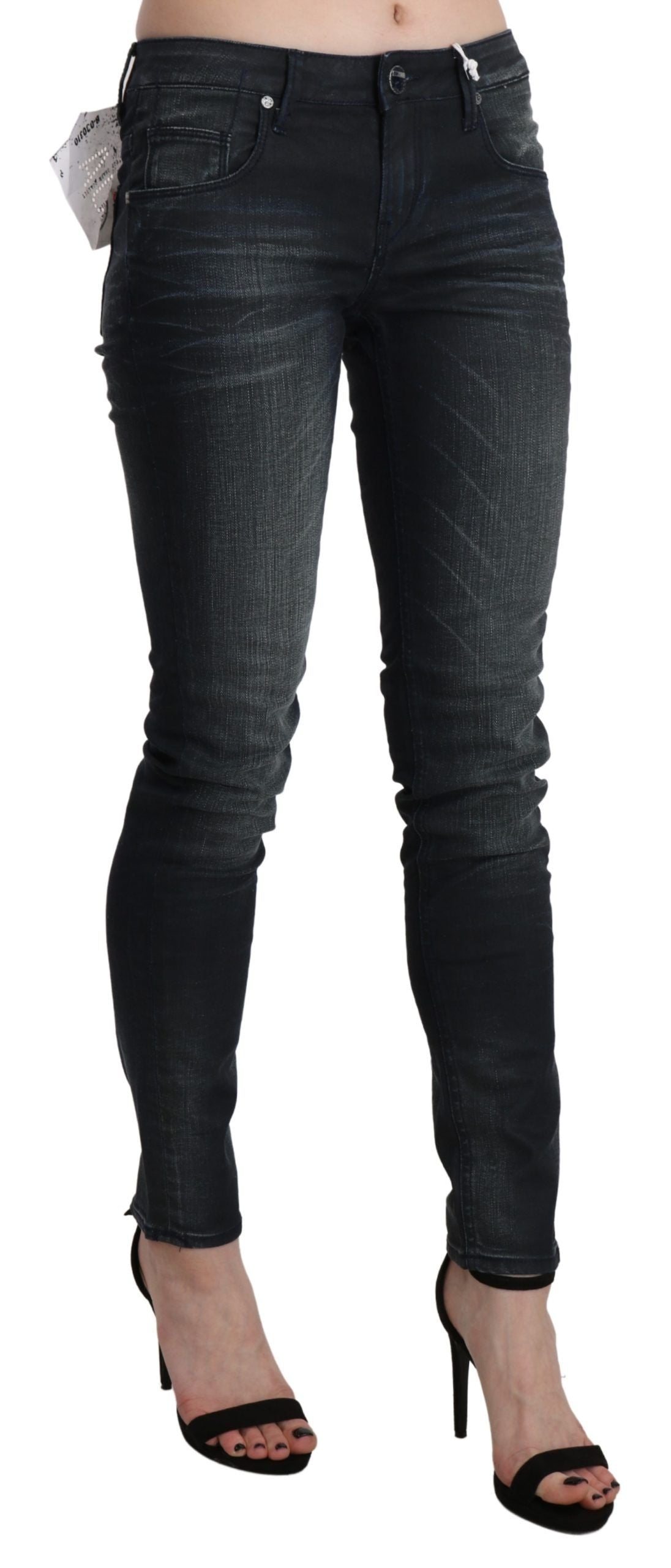 Schwarze, verwaschene Skinny-Jeanshose mit niedriger Taille