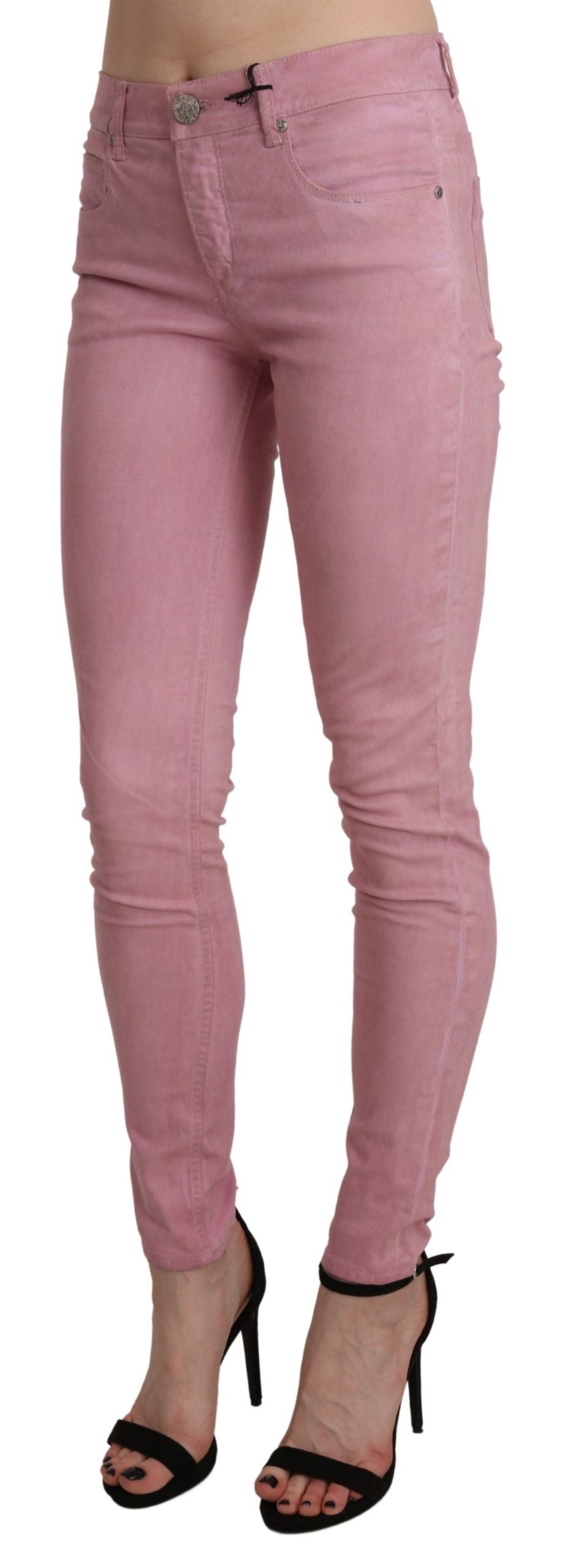 Rosafarbene Skinny-Stretch-Jeanshose mit mittlerer Taille