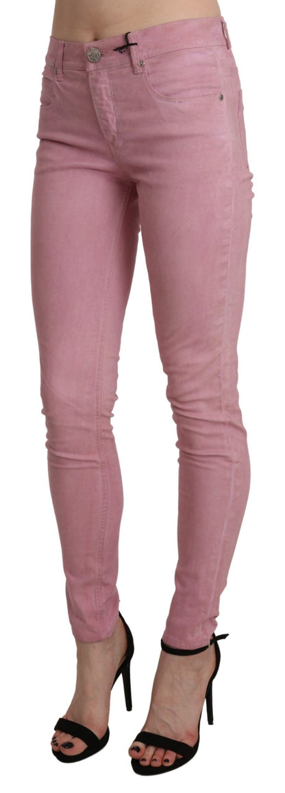 Pantalon en denim stretch skinny rose taille moyenne