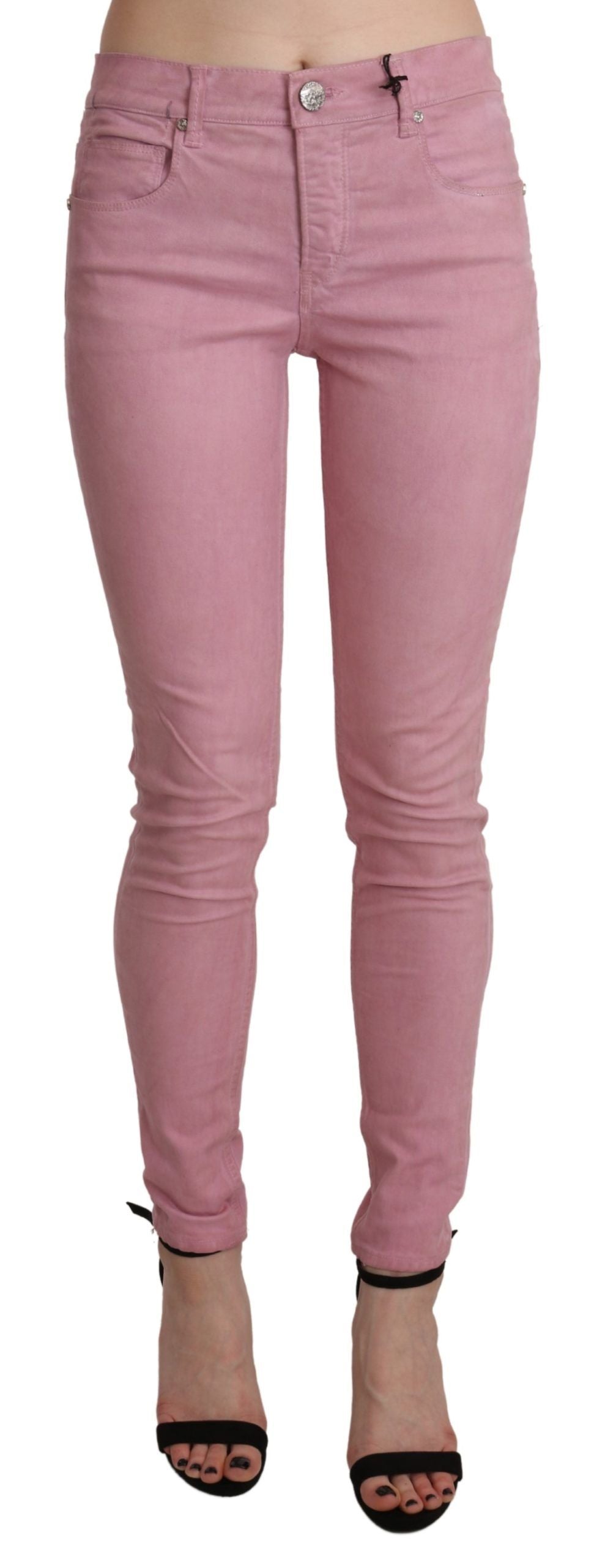 Pantalon en denim stretch skinny rose taille moyenne