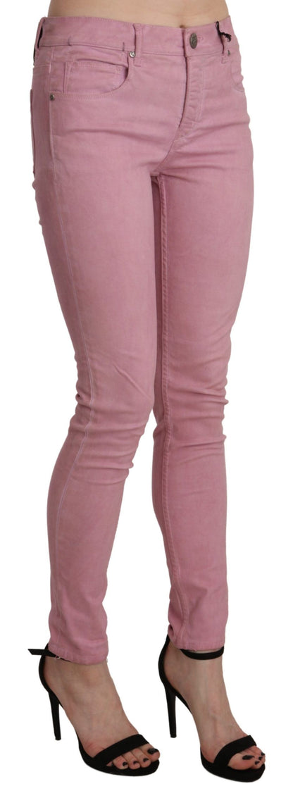 Pantalon en denim stretch skinny rose taille moyenne