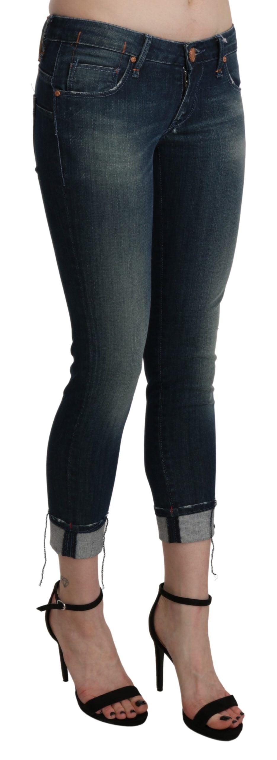 Pantalon en denim court skinny taille basse bleu délavé