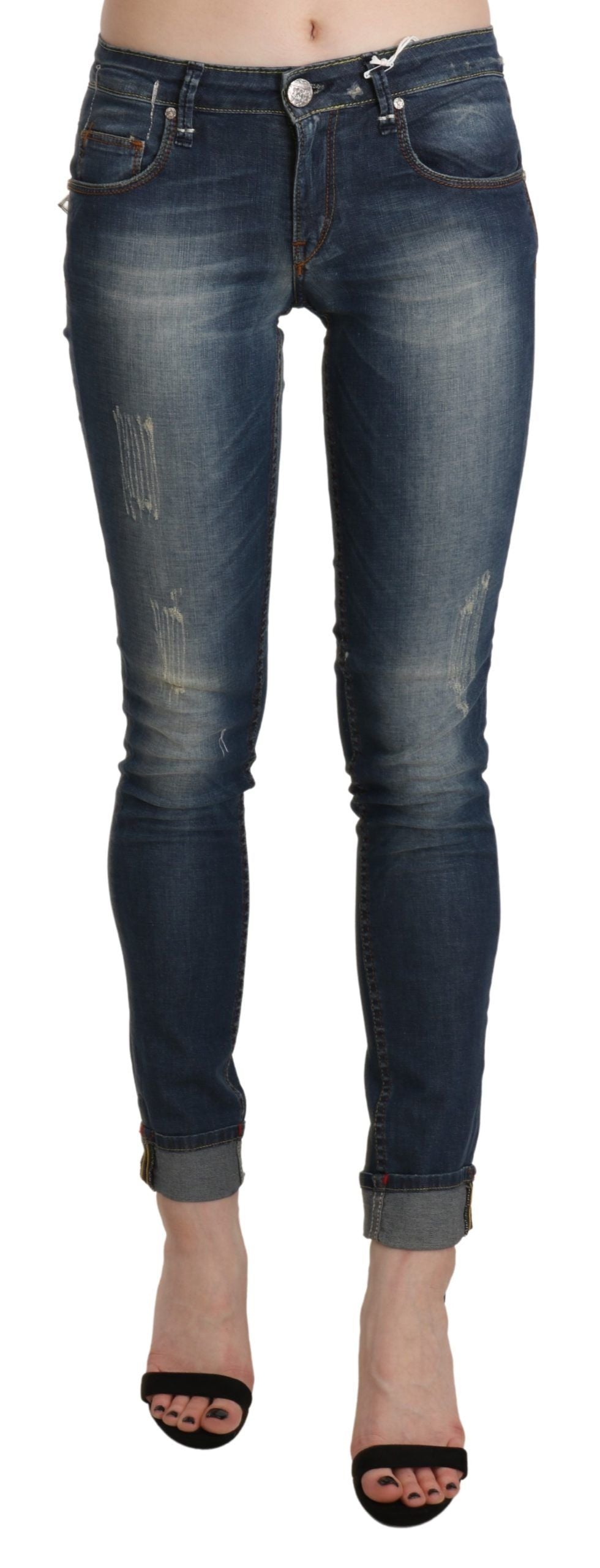 Pantaloni in denim corto skinny a vita bassa lavati blu