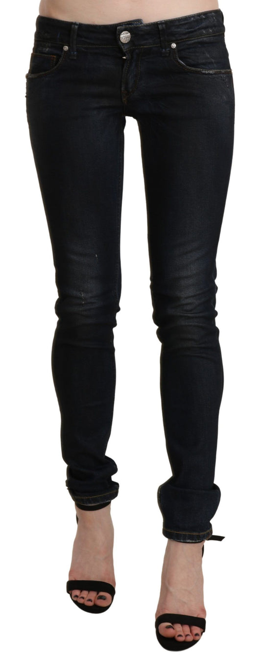 Schwarze, verwaschene Skinny-Denim-Jeans mit niedriger Taille