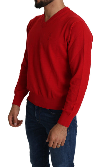 Maglione pullover in felpa di lana con scollo a V rosso