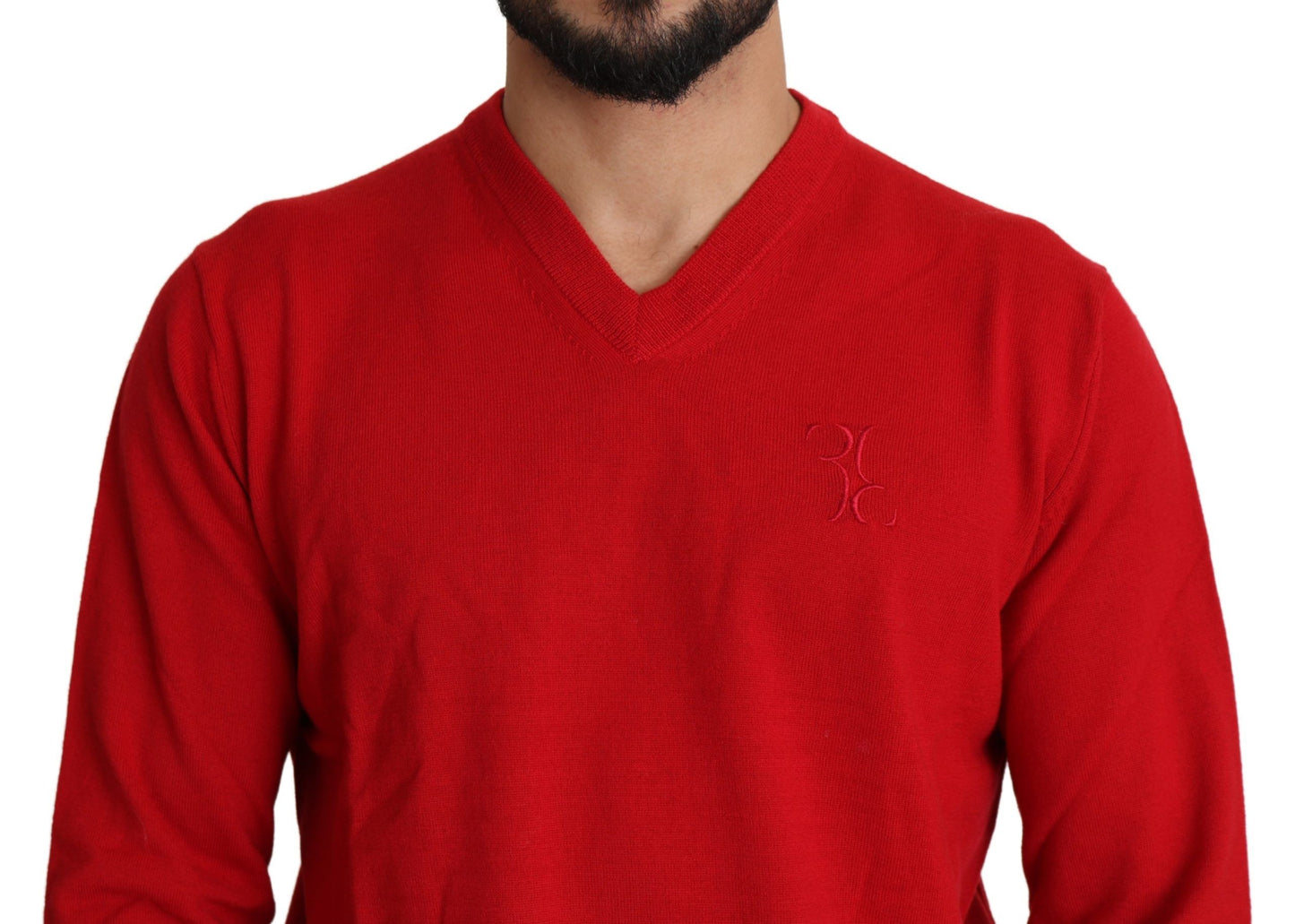 Roter Woll-Sweatshirt-Pullover mit V-Ausschnitt