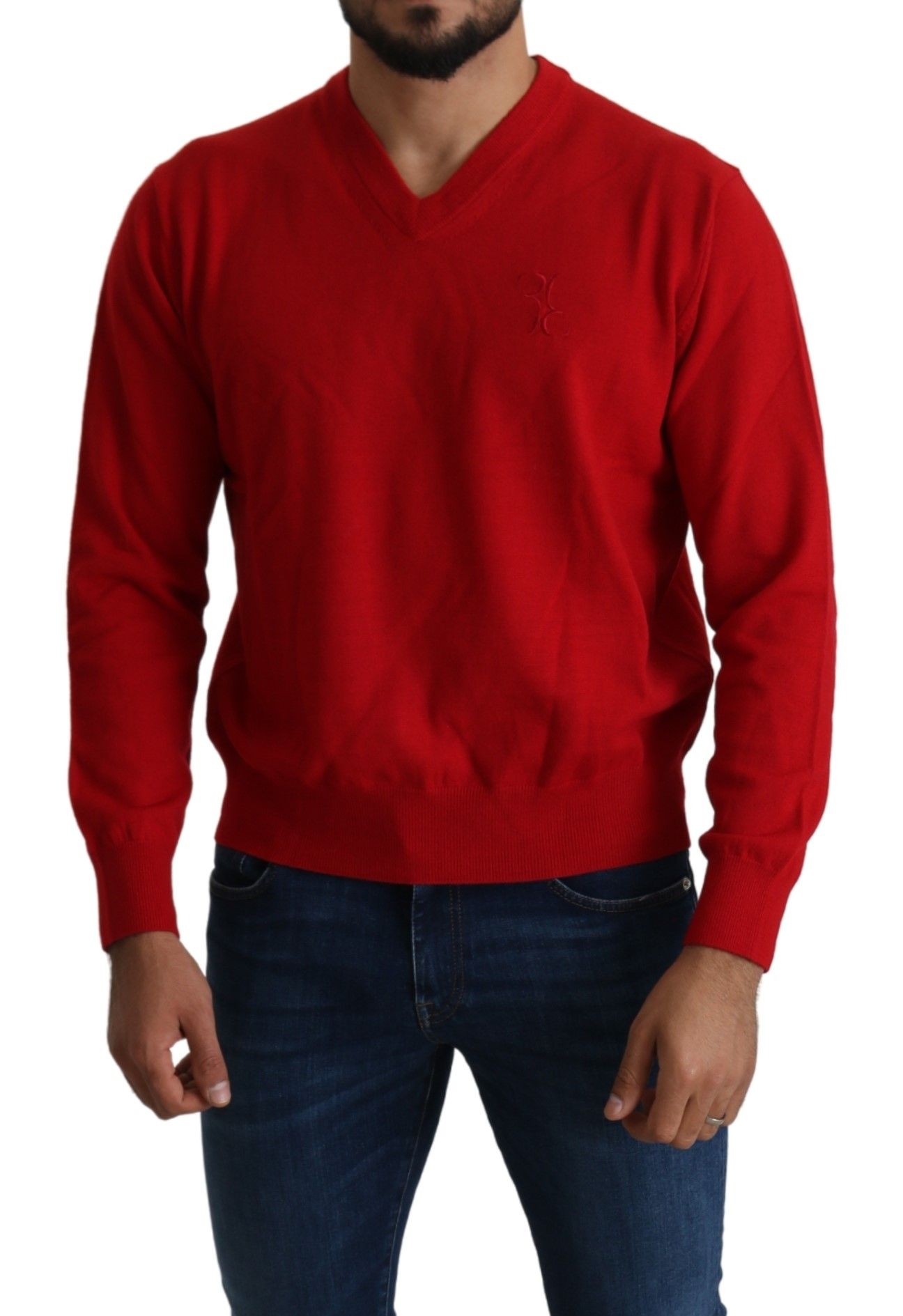 Roter Woll-Sweatshirt-Pullover mit V-Ausschnitt