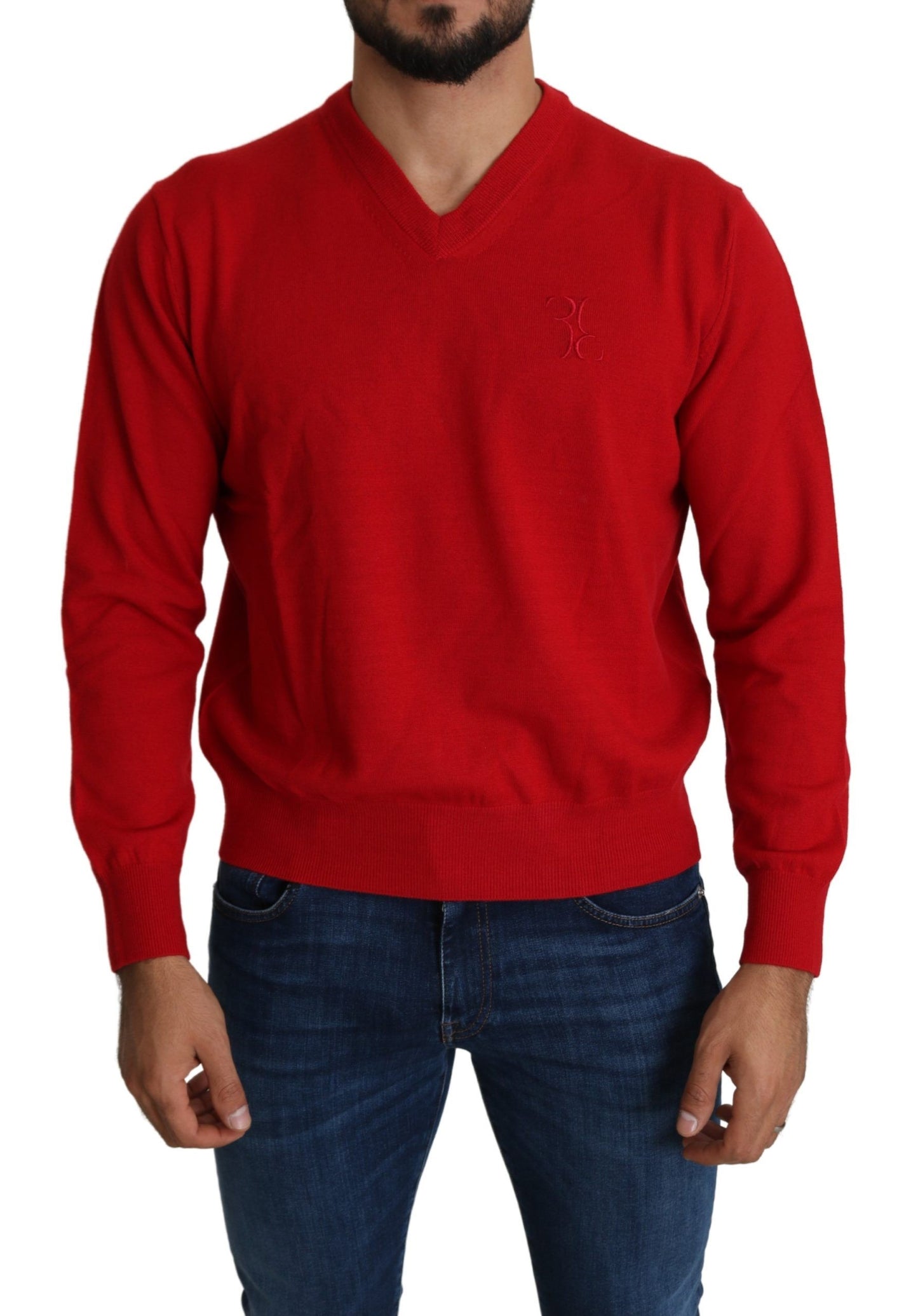 Maglione pullover in felpa di lana con scollo a V rosso