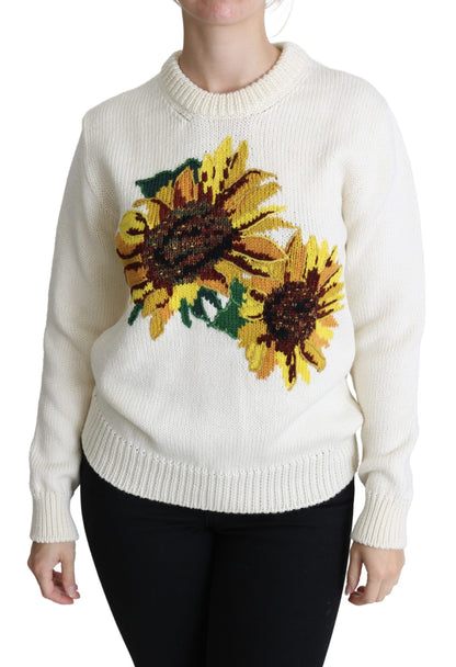 Maglione girasole pullover in lana floreale bianco