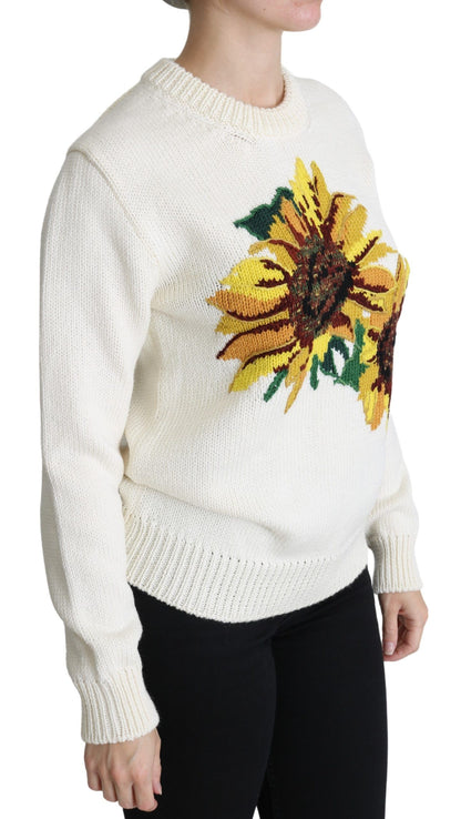 Maglione girasole pullover in lana floreale bianco