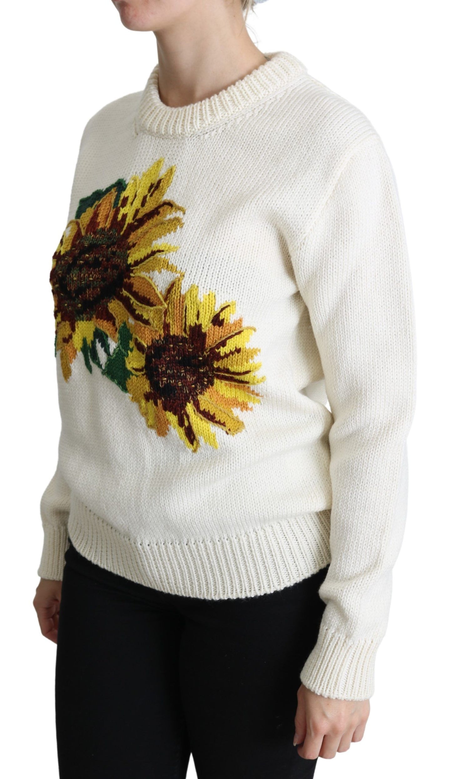 Maglione girasole pullover in lana floreale bianco