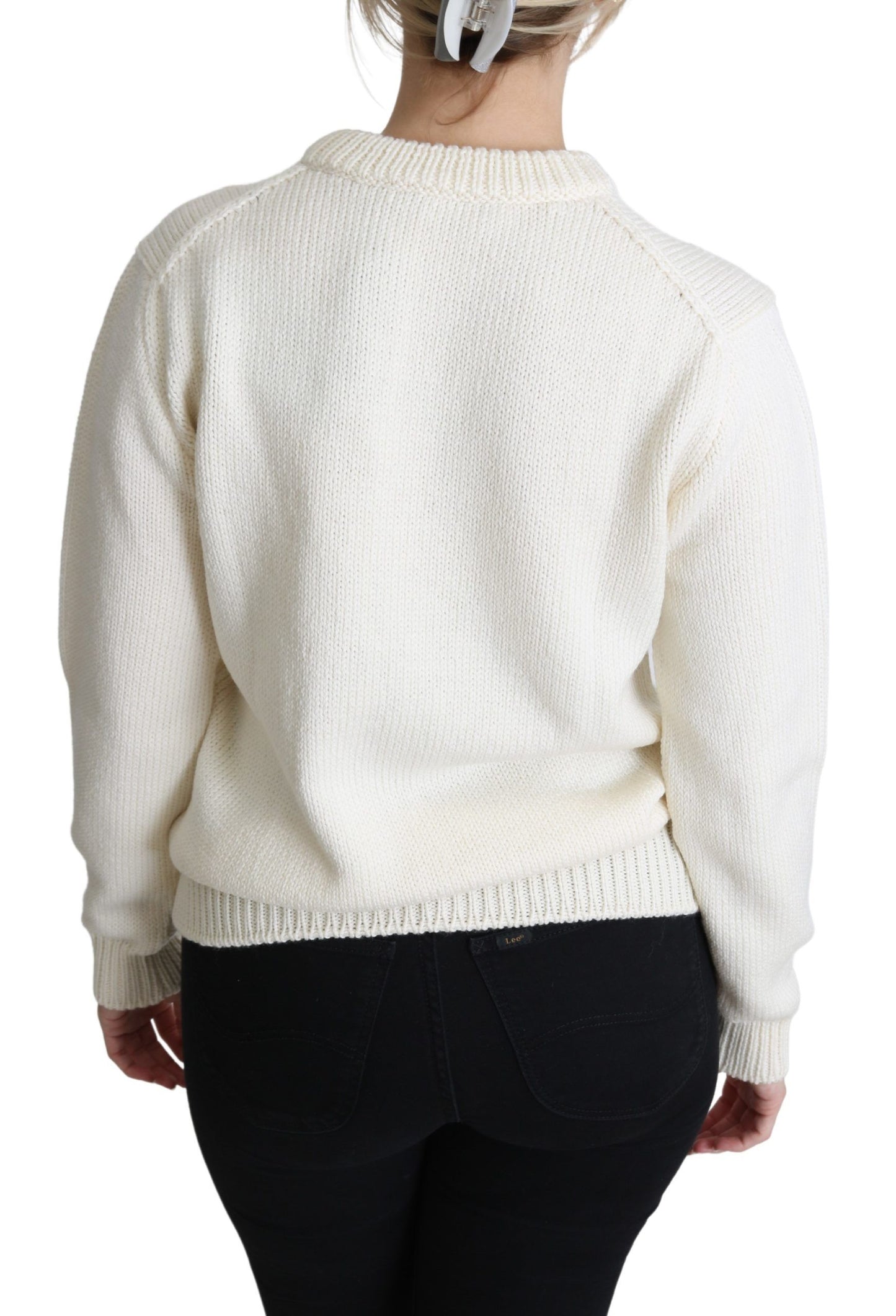 Maglione girasole pullover in lana floreale bianco