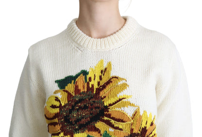 Maglione girasole pullover in lana floreale bianco