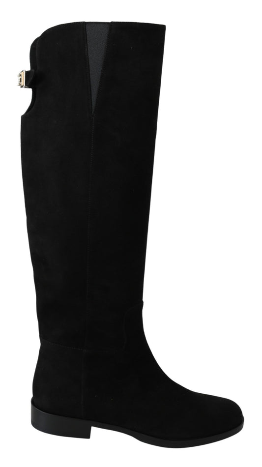 Schwarze kniehohe flache Stiefel aus Wildleder