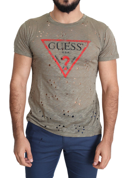 T-shirt perforé décontracté en coton extensible avec logo imprimé pour hommes