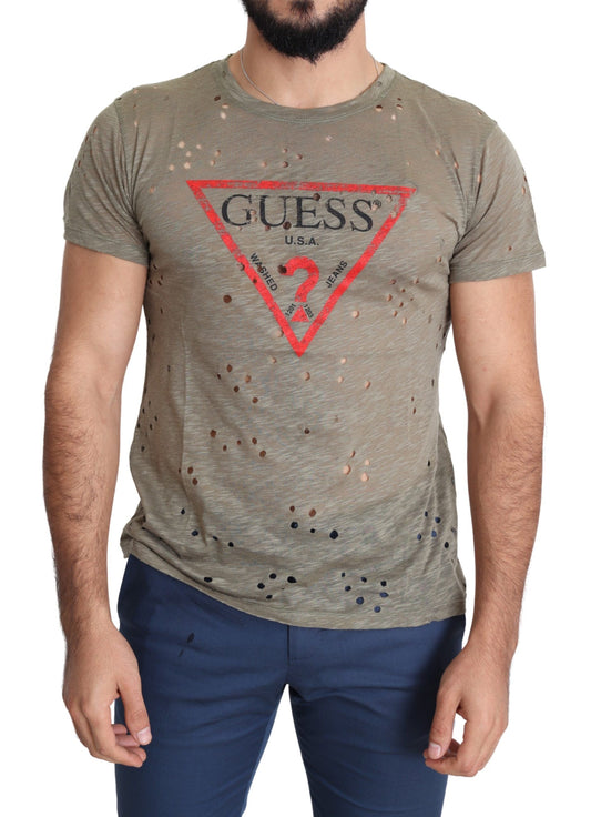 Lässiges, perforiertes Herren-T-Shirt mit braunem Stretch-Logoprint aus Baumwolle