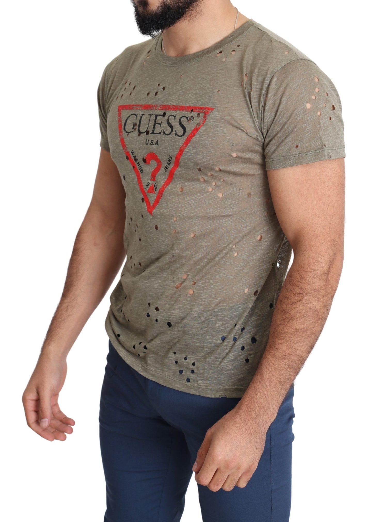 T-shirt perforé décontracté en coton extensible avec logo imprimé pour hommes