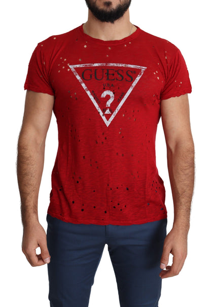 T-shirt traforata casual da uomo con stampa logo in cotone rosso