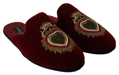 Chaussures à glissière en velours rouge avec broderie Sacré-Cœur