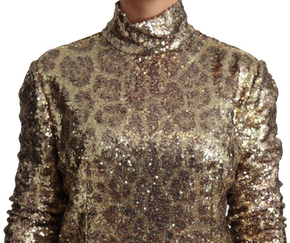 Pull marron à sequins et col roulé, coupe léopard