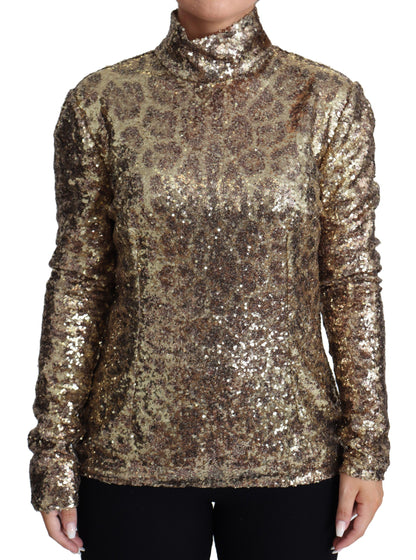 Pull marron à sequins et col roulé, coupe léopard