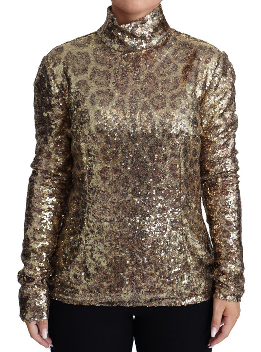 Maglione con paillettes dolcevita con vestibilità leopardata marrone