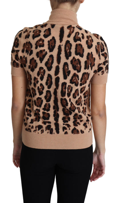 Top dolcevita in lana vergine con stampa leopardata beige