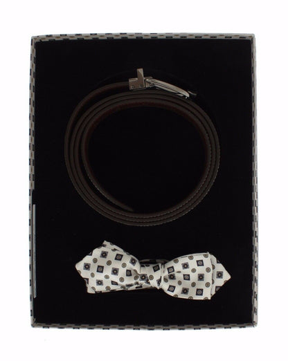 Coffret cadeau de ceinture en cuir et nœud papillon en soie blanche pour hommes