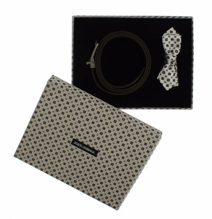 Coffret cadeau de ceinture en cuir et nœud papillon en soie blanche pour hommes