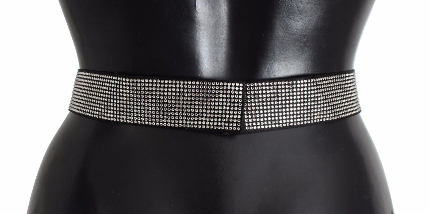 Ceinture en soie noire avec nœud en cristal transparent