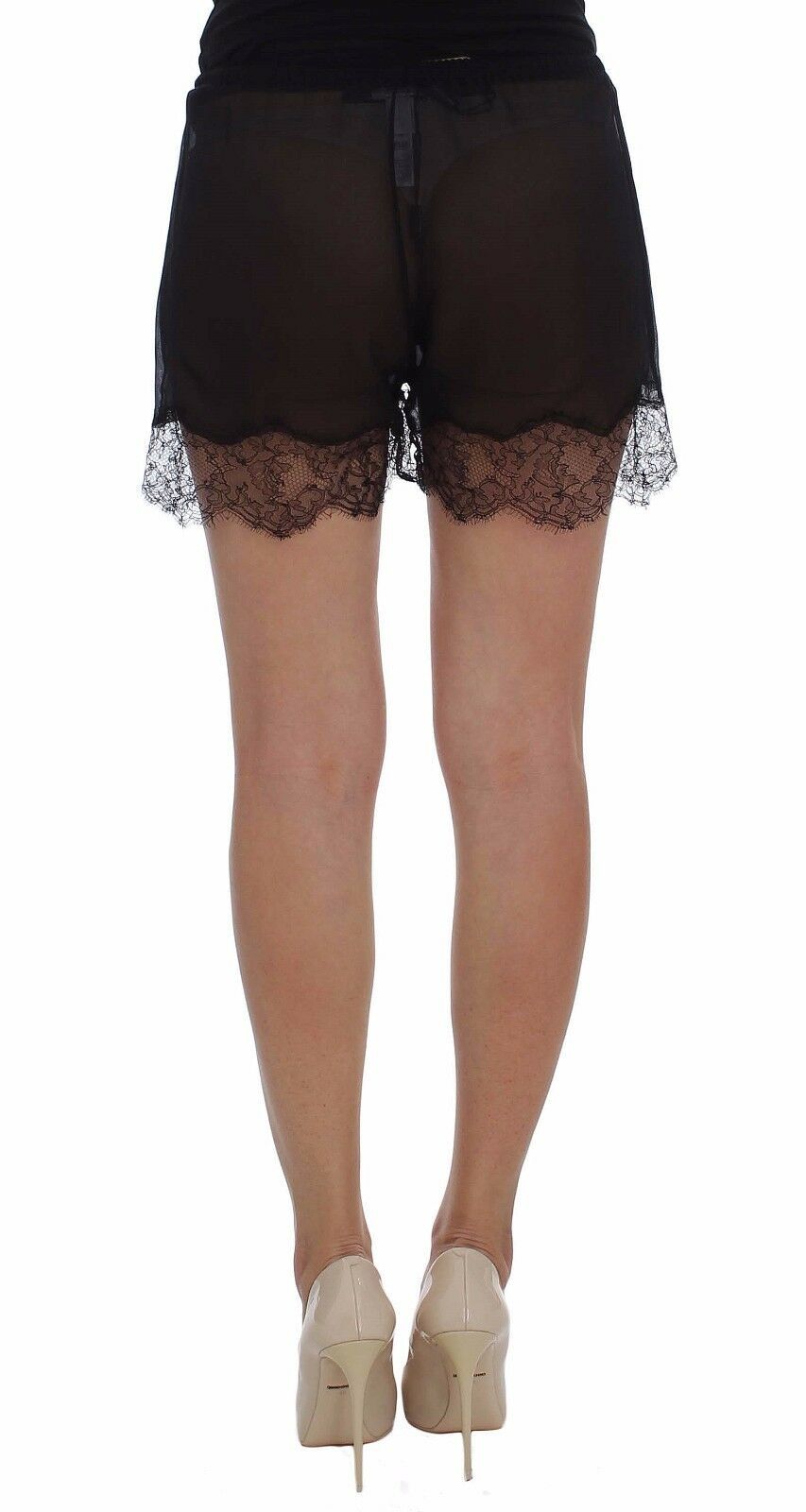 Schwarze Nachtwäsche-Shorts aus Seide mit Blumenspitze