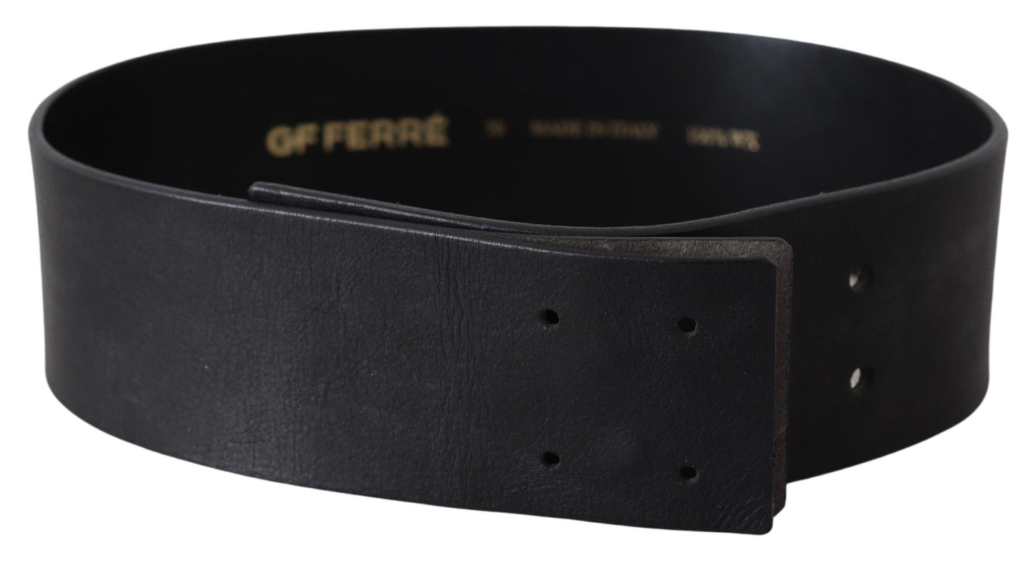 Ceinture large à logo en cuir véritable noir