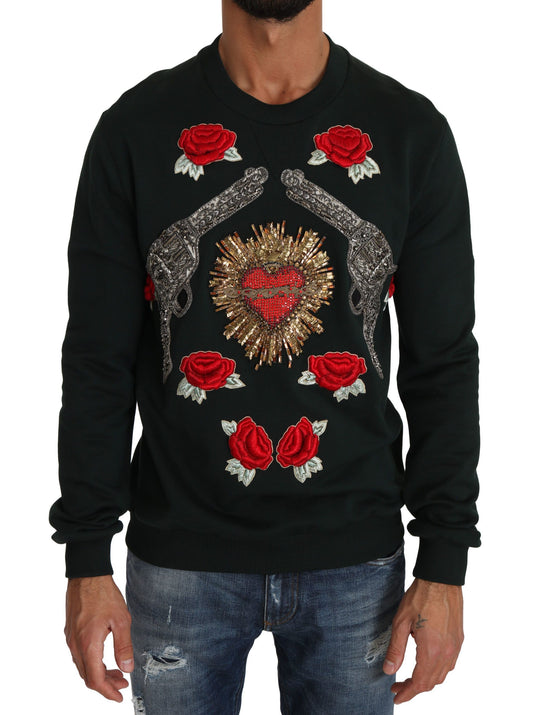 Dolce &amp; Gabbana Smaragdgrüner Baumwollpullover mit Kristallstickerei