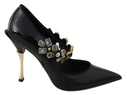 Chaussures en cuir noir et cristal, escarpins Mary Jane