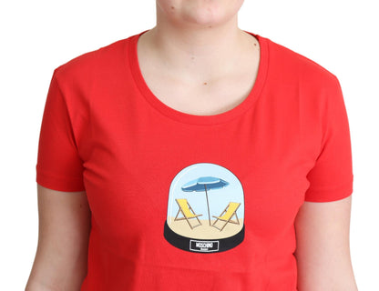 Rotes, bedrucktes Baumwoll-Kurzarm-Oberteil, Blusen-T-Shirt