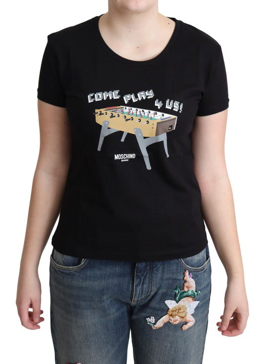 Schwarzes Baumwoll-T-Shirt mit „Come Play 4 Us“-Aufdruck