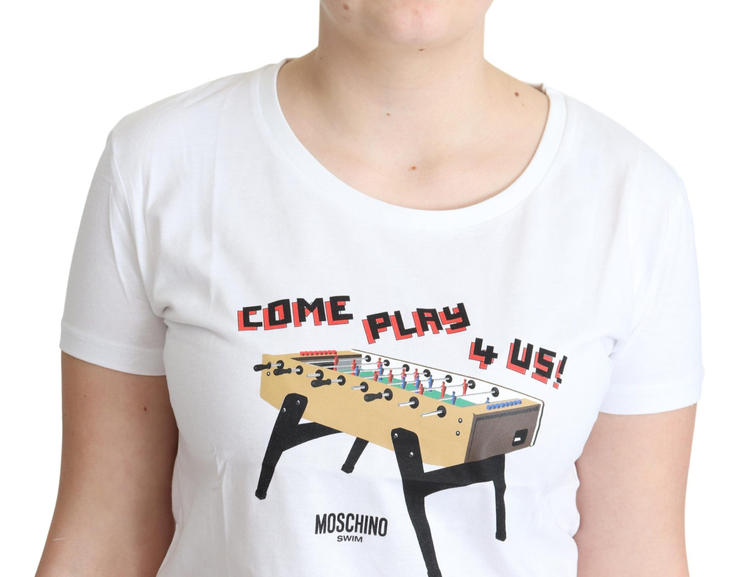 Weißes Baumwoll-T-Shirt mit „Come Play 4 Us“-Aufdruck