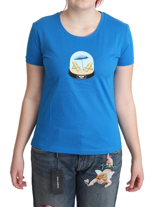 T-shirt top a maniche corte in cotone stampato blu