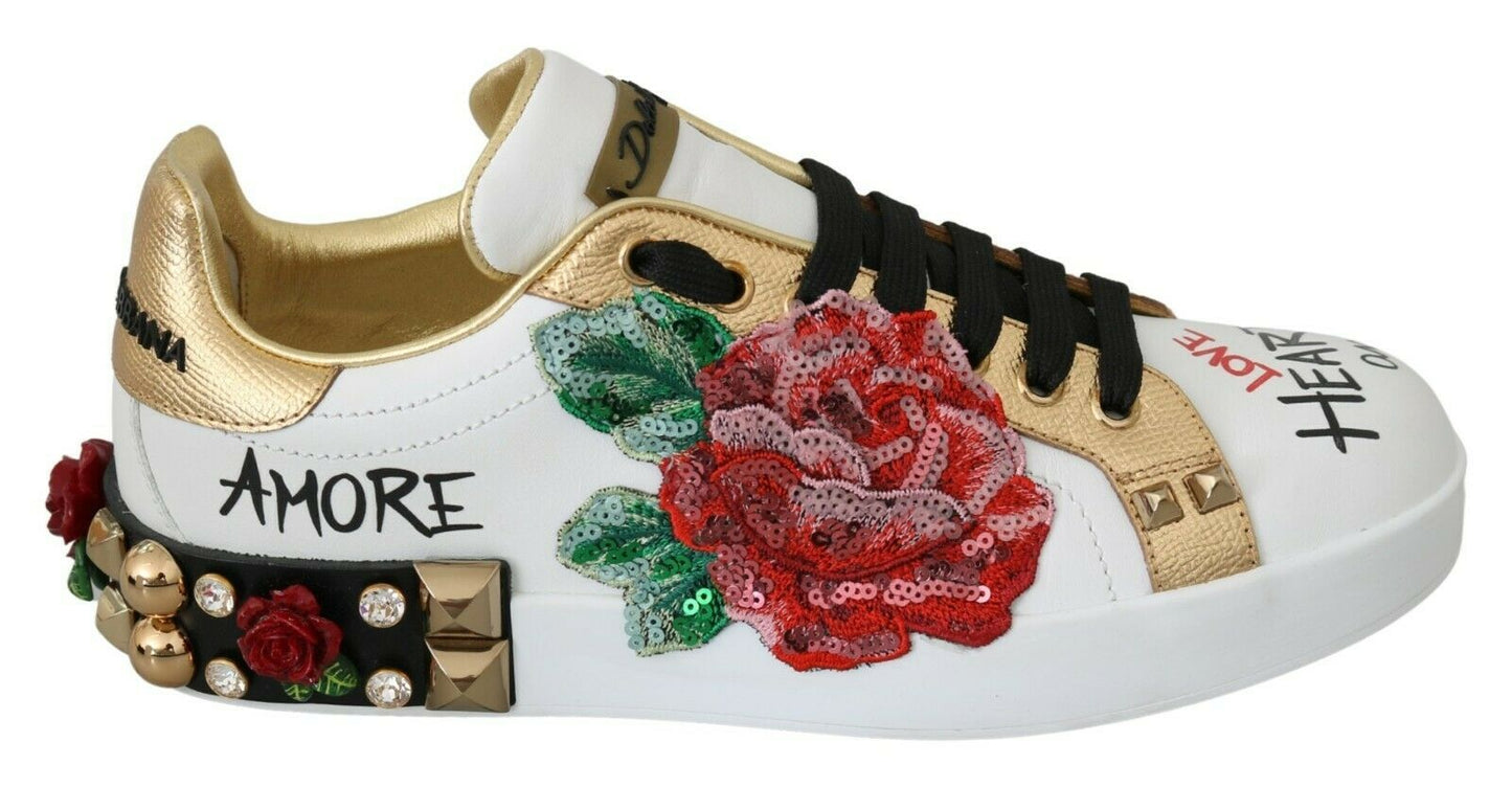 Dolce &amp; Gabbana Elegante Sneakers aus Leder mit Pailletten und Blumenmuster