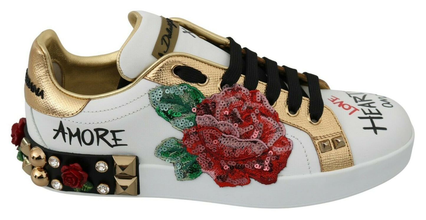 Dolce &amp; Gabbana Elegante Sneakers aus Leder mit Pailletten und Blumenmuster